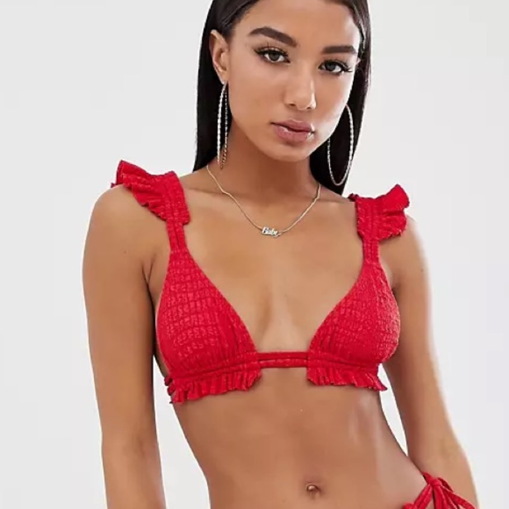 ASOS DESIGN textured ruffle bikini top in red